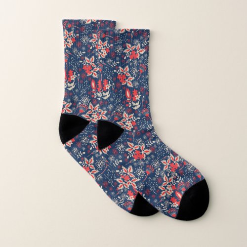 Red blue Christmas floral pattern Socks