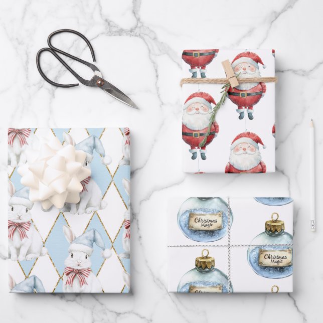 Red Blue Christmas Magic Santa Bunny Rabbit Wrapping Paper Sheets (Front)