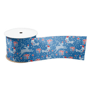 Red blue Christmas reindeer and birds ribbon