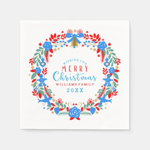 Red  Blue Christmas Wreath Merry Christmas Napkins