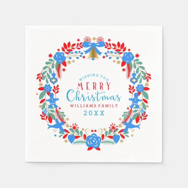 Red & Blue Christmas Wreath Merry Christmas Napkins (Front)