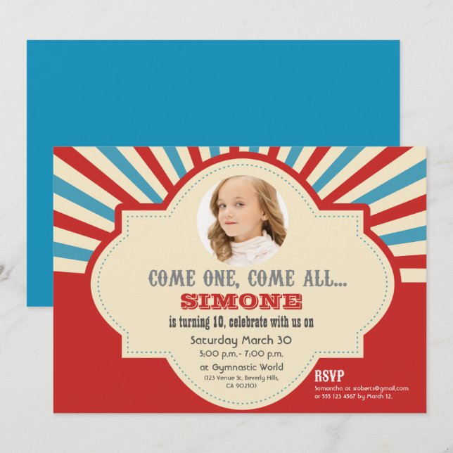 Red Blue Circus Themed 10th Birthday Invitation (Front/Back)