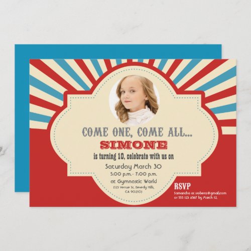 Red Blue Circus Themed 10th Birthday Invitation