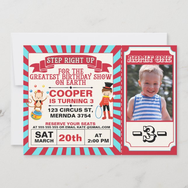 Red Blue Circus Ticket  Photo Birthday Invitation (Front)