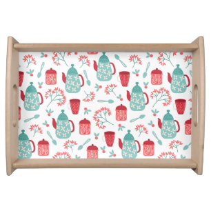 Red Blue Coffee Time Boho Pattern Serving Tray