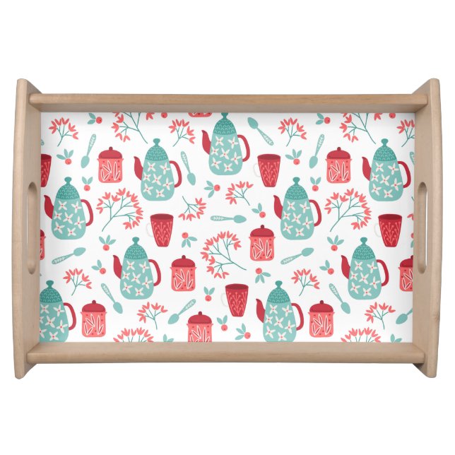 Red Blue Coffee Time Boho Pattern Serving Tray (Front)