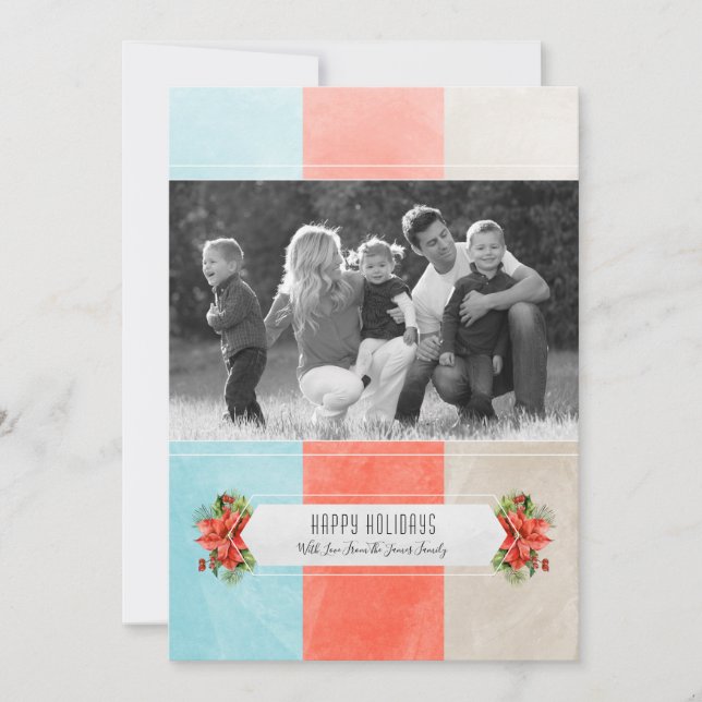 Red Blue Color Block Holiday Photo Card (Front)