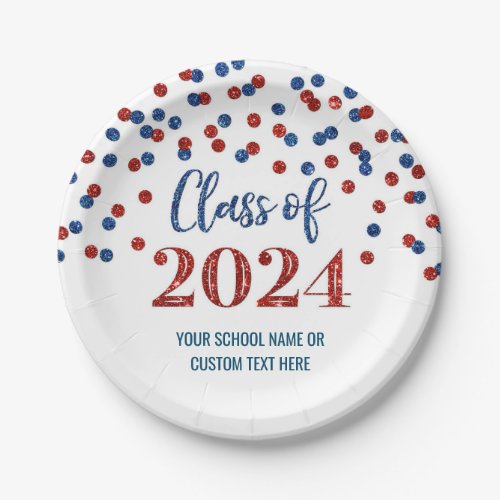 Red Blue Confetti Graduation 2024 Paper Plates