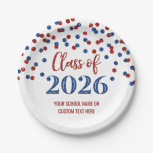 Red Blue Confetti Graduation 2026 Paper Plates