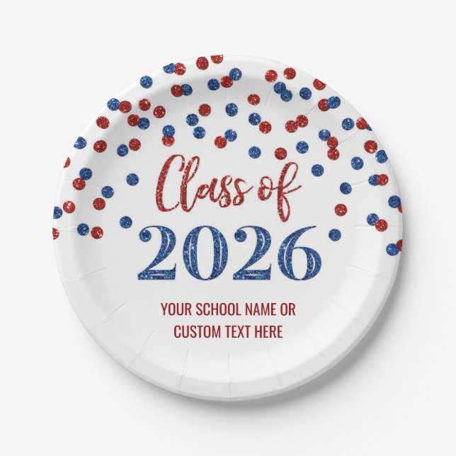 Red Blue Confetti Graduation 2026 Paper Plates (Front)