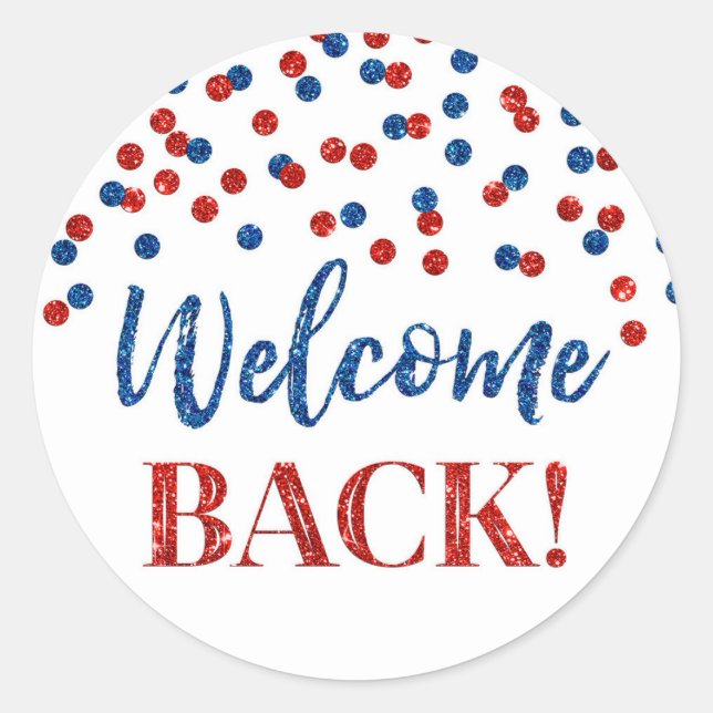 Red Blue Confetti Welcome Back Round Sticker (Front)