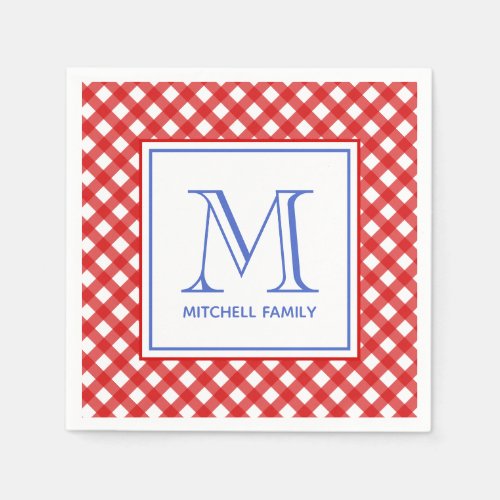 Red  Blue Country Style Gingham Pattern Monogram Napkins