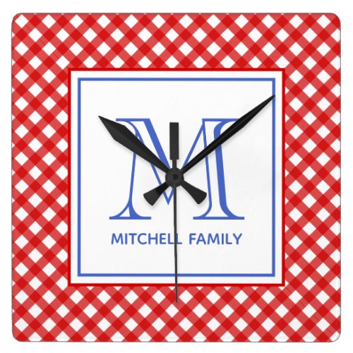 Red &amp; Blue Country Style Gingham Pattern Monogram Square Wall Clock
