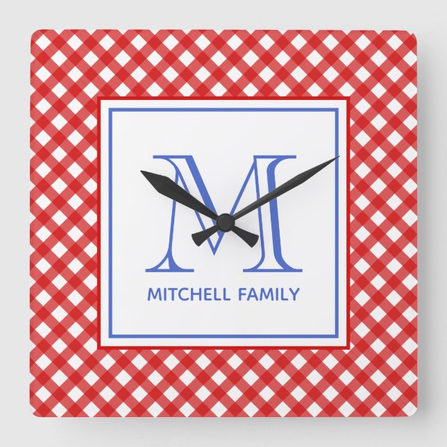 Red & Blue Country Style Gingham Pattern Monogram Square Wall Clock (Front)