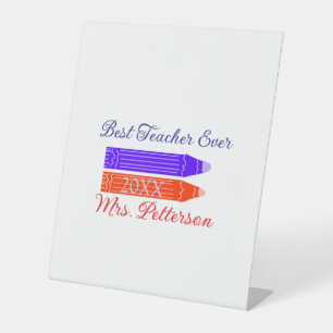 Red blue crayons best teacher ever add year name pedestal sign