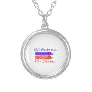 Red blue crayons best teacher ever add year name silver plated necklace