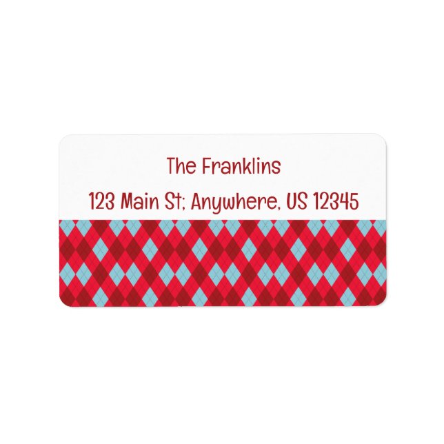 Red Blue & Crimson Christmas Argyle Address Label (Front)