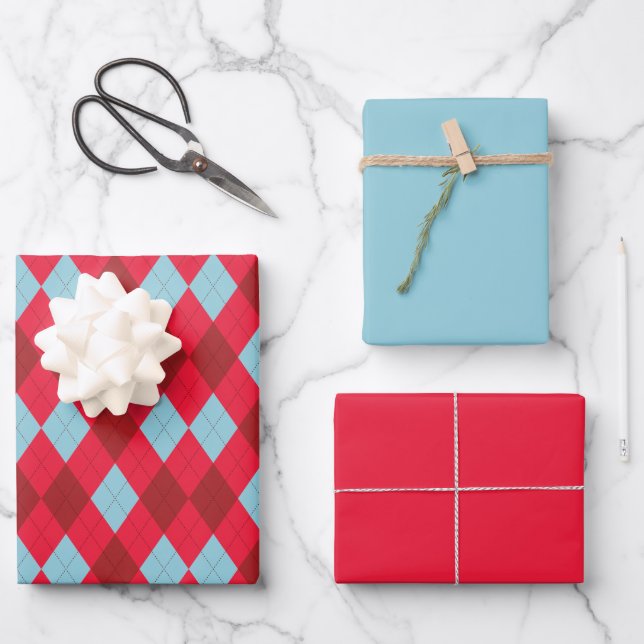 Red Blue & Crimson Christmas Argyle Wrapping Paper Sheets (Front)