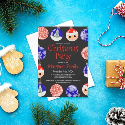 Red Blue Cute Ornament Baubles Christmas Party Invitation