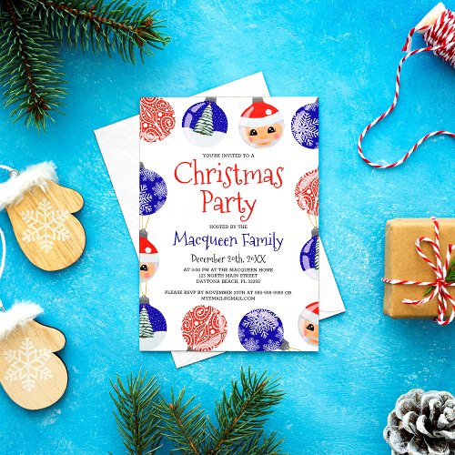 Red Blue Cute Ornament Baubles Christmas Party Invitation