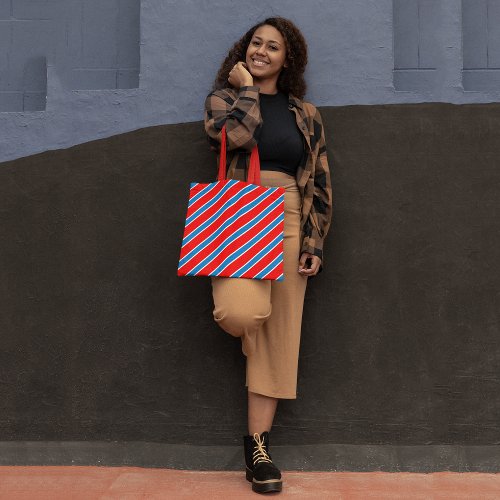 Red Blue Diagonal Stripes Tote Bag