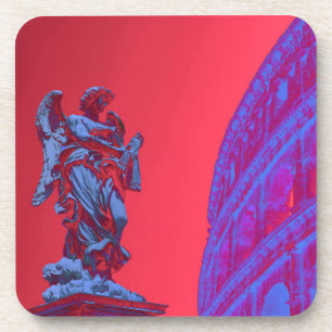 Red, blue digital art of Colosseum and statue Beverage Coaster