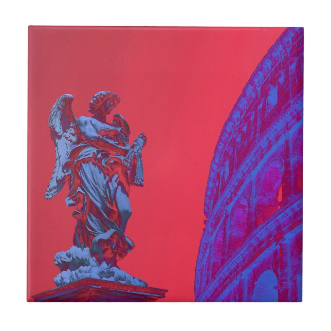 Red, blue digital art of Colosseum and statue Ceramic Tile (Front)