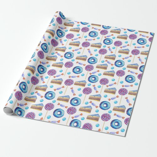 Red Blue Donuts Candy Birthday Cake Wrapping Paper