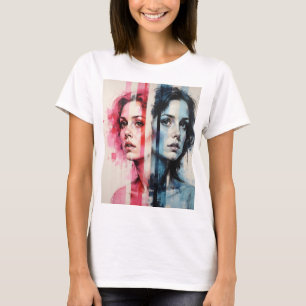 Red & Blue Duality – Twin Portraits in Abstract St T-Shirt