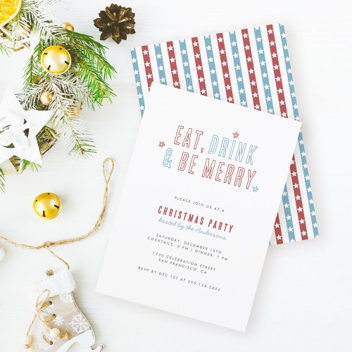 Red  Blue Eat Drink Be Merry Christmas Party Invitation