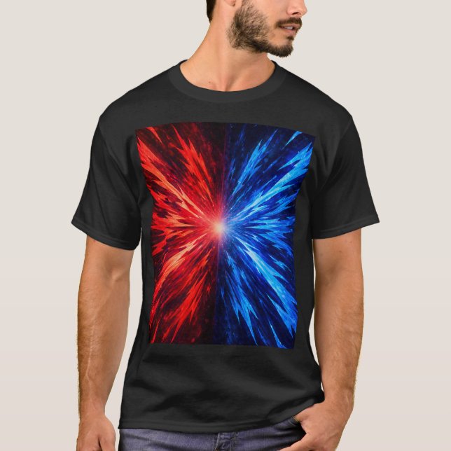 Red Blue Energy Burst T-Shirt – Abstract Explosion (Front)