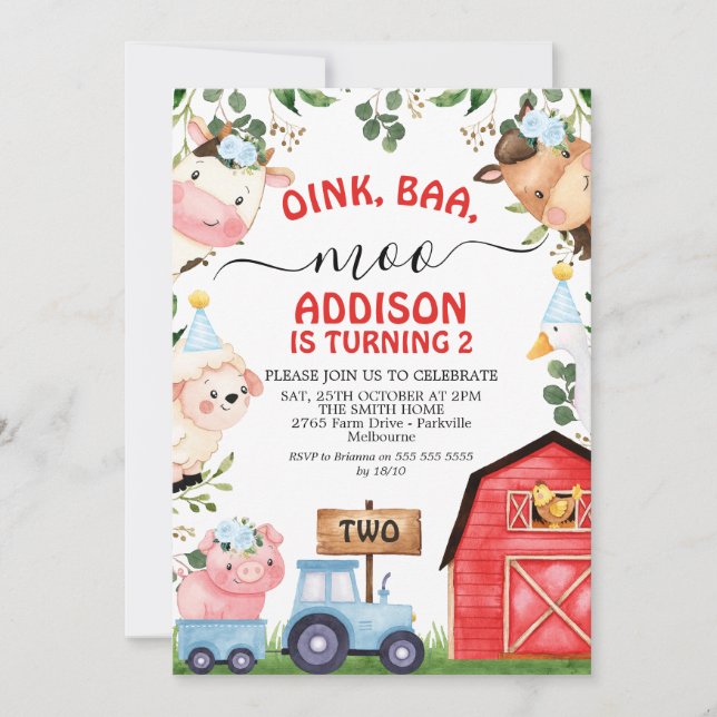 Red Blue Farm Barn Tractor Birthday Invitation (Front)