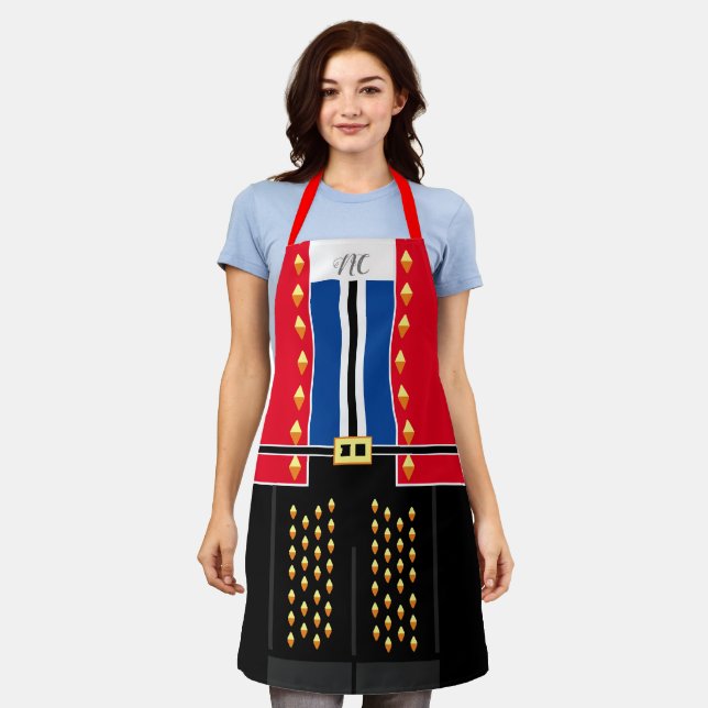 Red Blue Faux Studded Custom Monogram Nutcracker Apron (Worn)