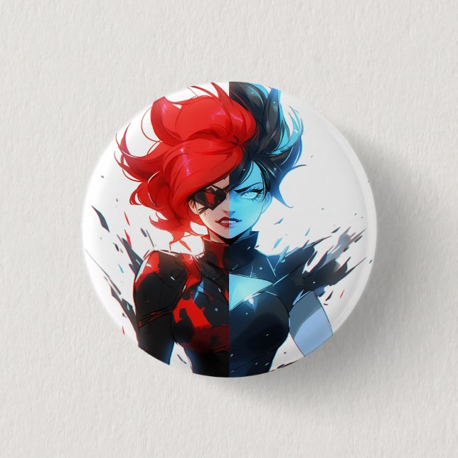 Red Blue Fire Ice Comic Style Anime Girl Button (Front)