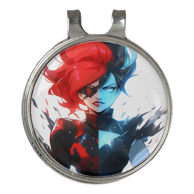Red Blue Fire Ice Comic Style Anime Girl Golf Hat Clip (Front)