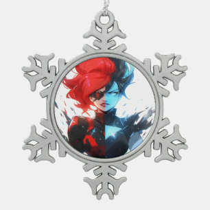 Red Blue Fire Ice Comic Style Anime Girl Snowflake Pewter Christmas Ornament
