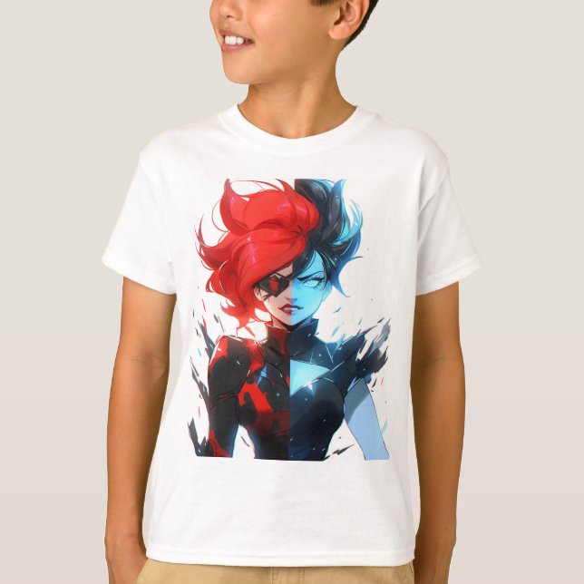 Red Blue Fire Ice Comic Style Anime Girl T-Shirt (Front)