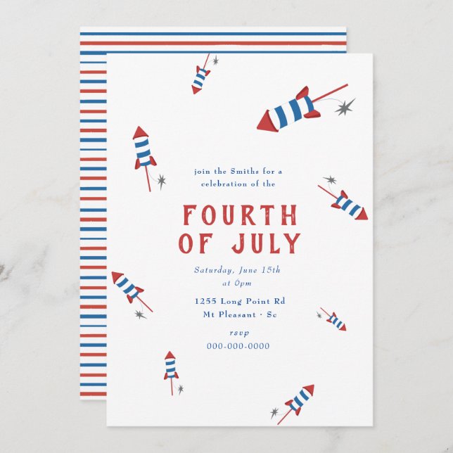 Red Blue Firework Rockets 4th of July Party Invita Invitation (Front/Back)