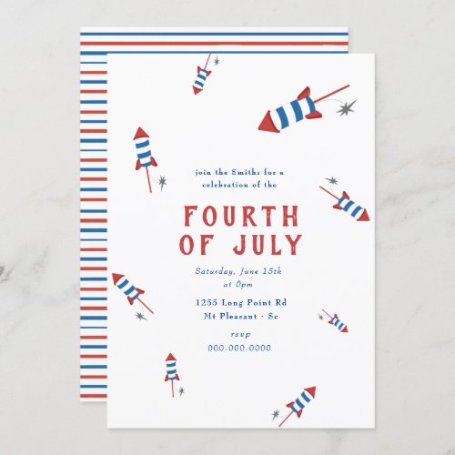 Red Blue Firework Rockets 4th of July Party Invita Invitation