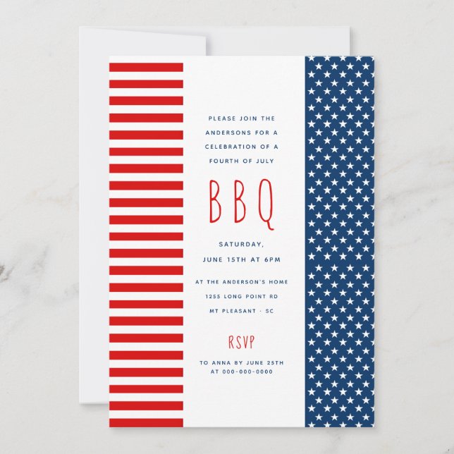 Red Blue Flag BBQ Patriotic 4th of July Party Invi Invitation (Front)