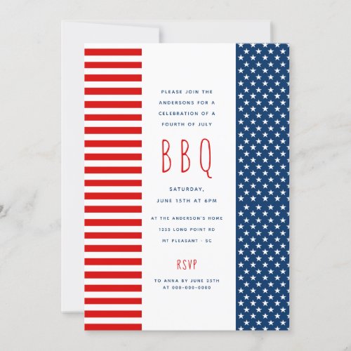 Red Blue Flag BBQ Patriotic 4th of July Party Invi Invitation