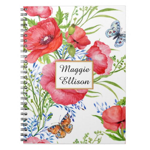 Red Blue Floral and Butterflies on White Custom Notebook