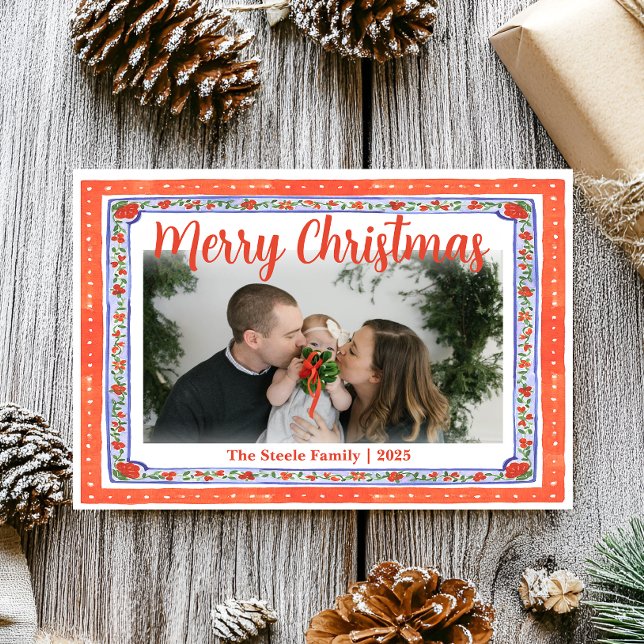 Red & Blue Floral Block Print, Folk Art Inspired Holiday Card (Creator Uploaded)