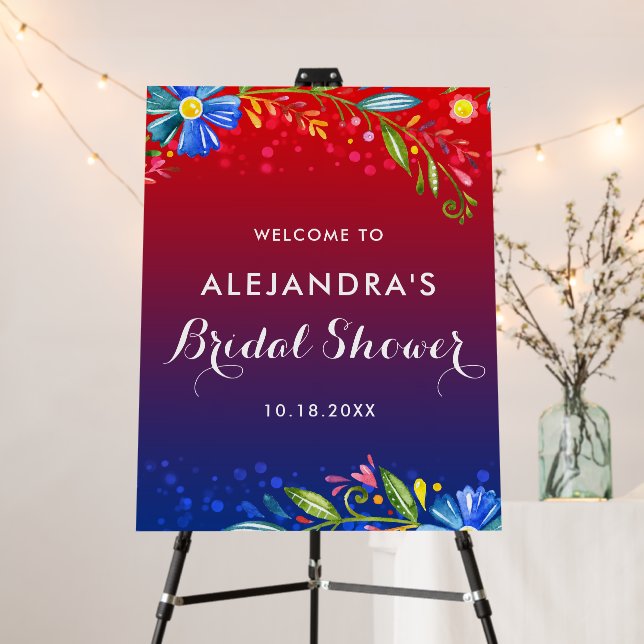 Red Blue Floral Fiesta Bridal Shower Welcome Foam Board (In Situ (Stand))