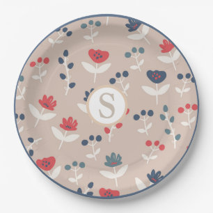 Red Blue Floral Monogram Farmhouse Pattern Paper Plates