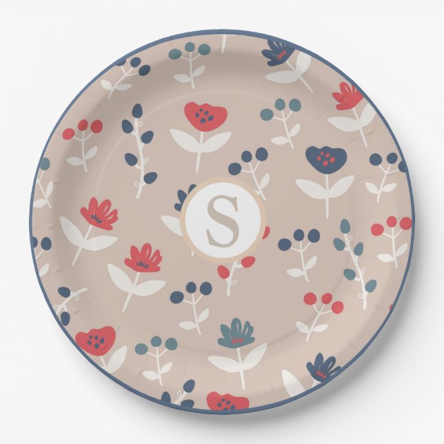 Red Blue Floral Monogram Farmhouse Pattern Paper Plates (Front)