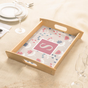 Red Blue Floral Monogram Initial Farmhouse Serving Tray