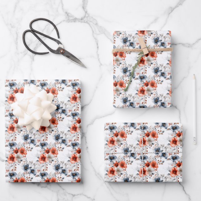 Red & Blue Floral on White  Wrapping Paper Sheets (Front)