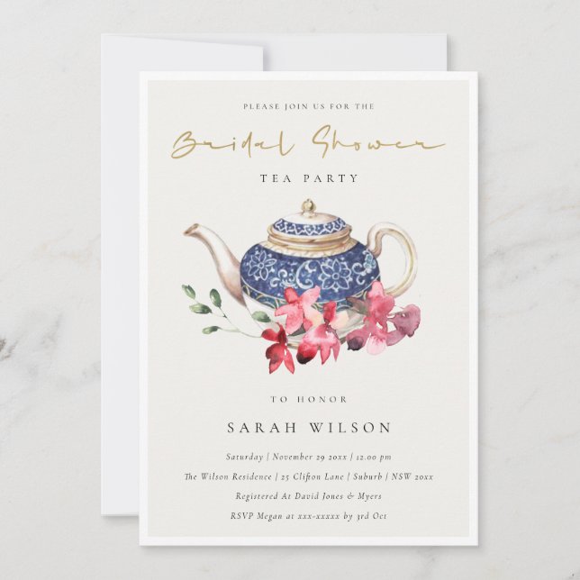 Red Blue Floral Teapot Bridal Shower Party Invite (Front)
