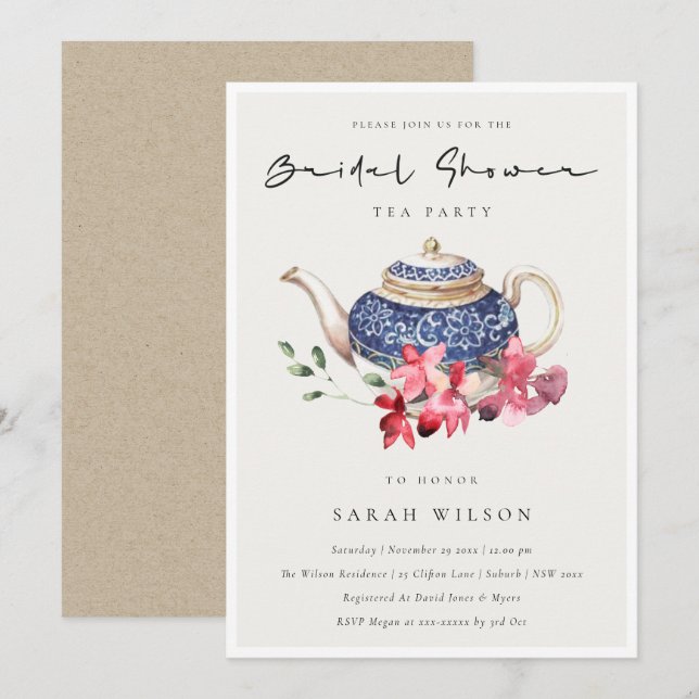 Red Blue Floral Teapot Bridal Shower Party Invite (Front/Back)
